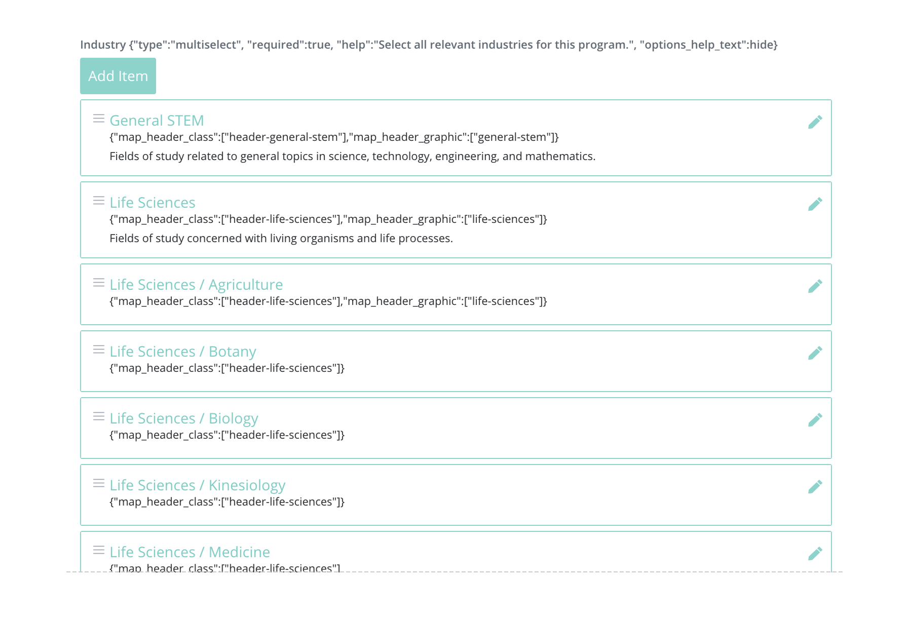 Content management for STEM industry categories and subcategories.