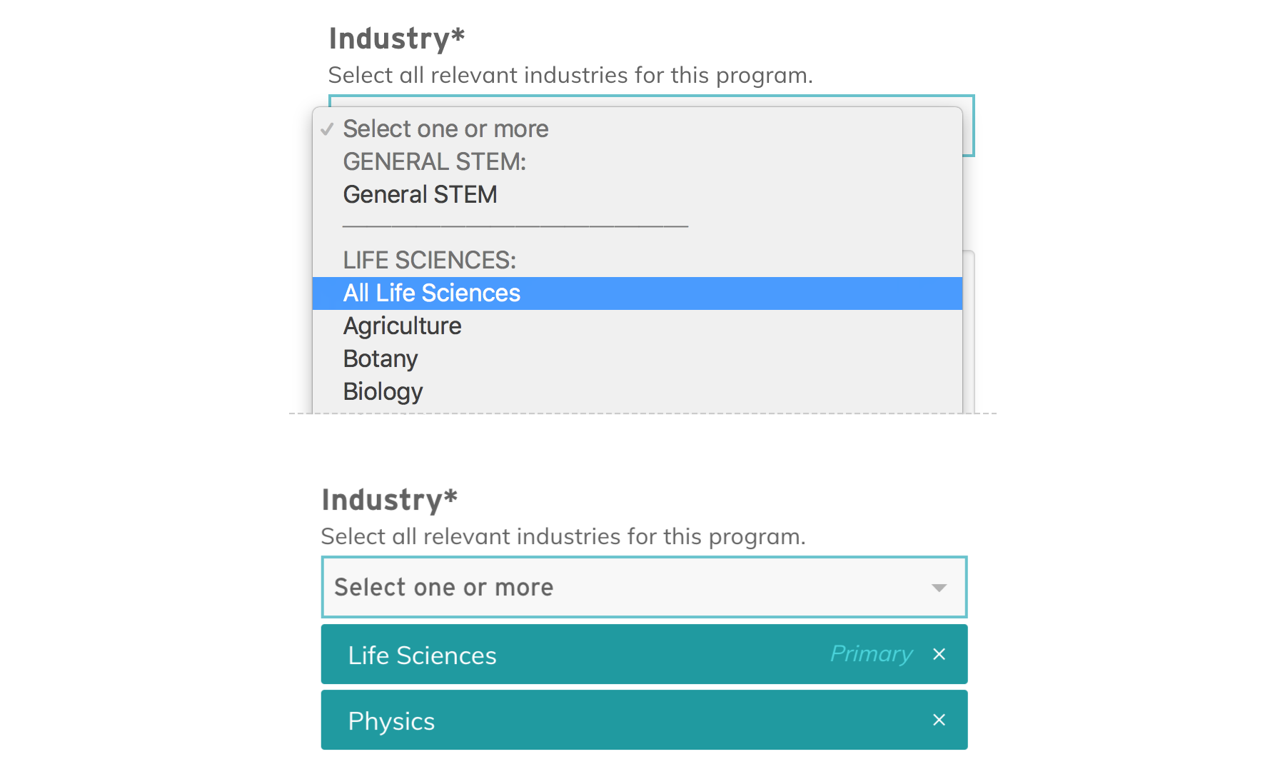 Options from the CMS populated the options in the Contributors form.